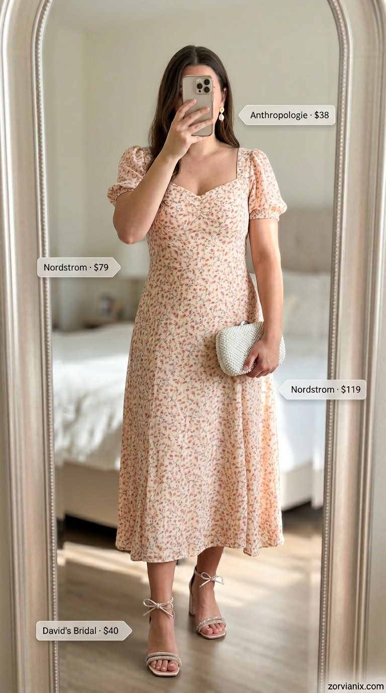 Coquette summer outfits for women 2026: Floral midi dress, pearl earrings, and blush pink heels for a garden party.