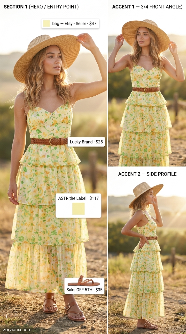 Romantic coquette summer outfits for women 2026: Floral maxi dress, straw hat, leather belt and sandals.
