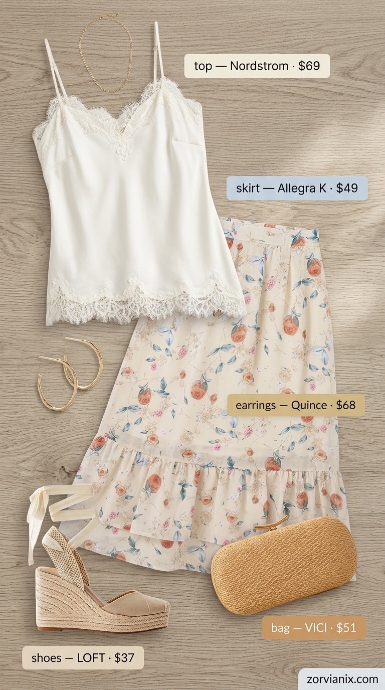 Coquette summer outfits for women 2026: Floral midi skirt, ivory cami, and espadrille wedges for a garden party.