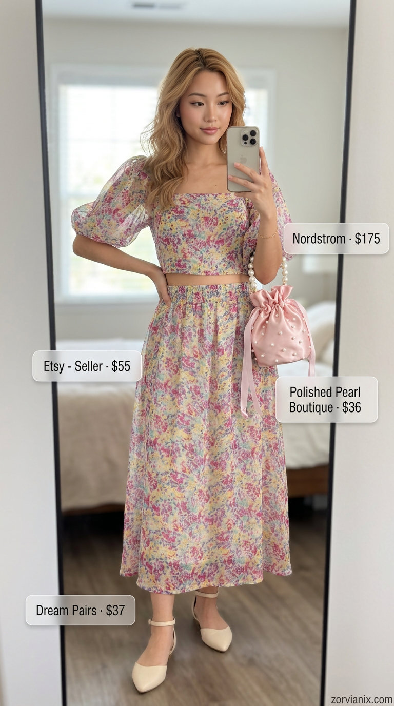 Feminine coquette summer outfits for women 2026: Floral crop top and midi skirt set with ballet flats.