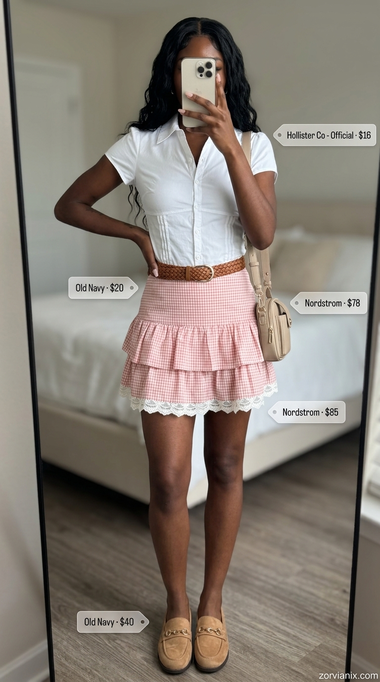 Coquette summer outfits for women 2026: Pink gingham mini skirt, white button-down shirt, loafers, and crossbody bag for a cafe date.
