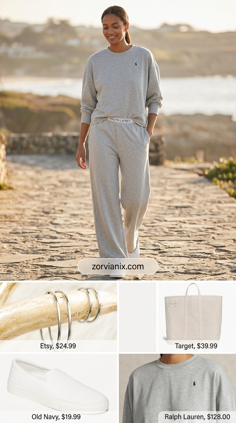 Cozy coquette summer outfits for women 2026: Light grey knit lounge set with silver earrings and white slides.