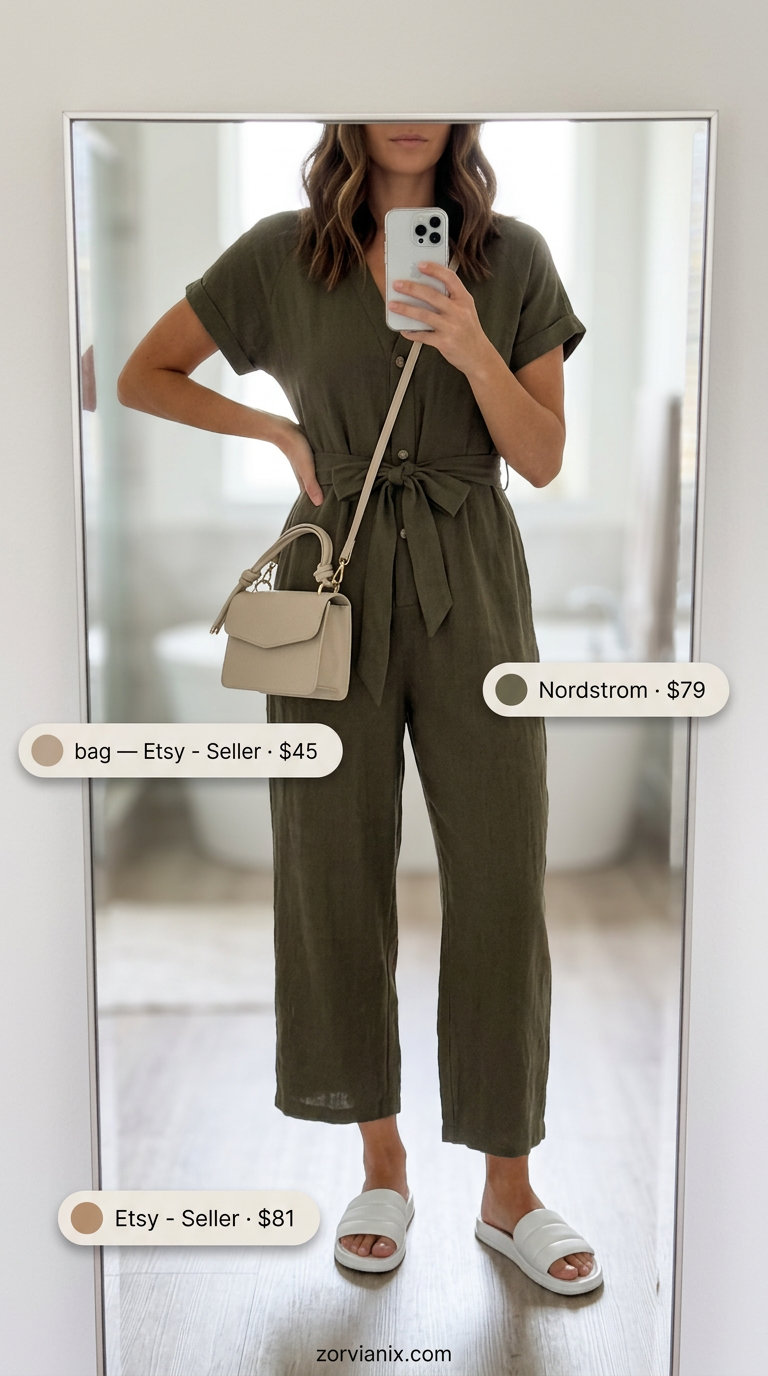 Effortless coquette summer outfits for women 2026: Khaki green linen jumpsuit with leather slides.