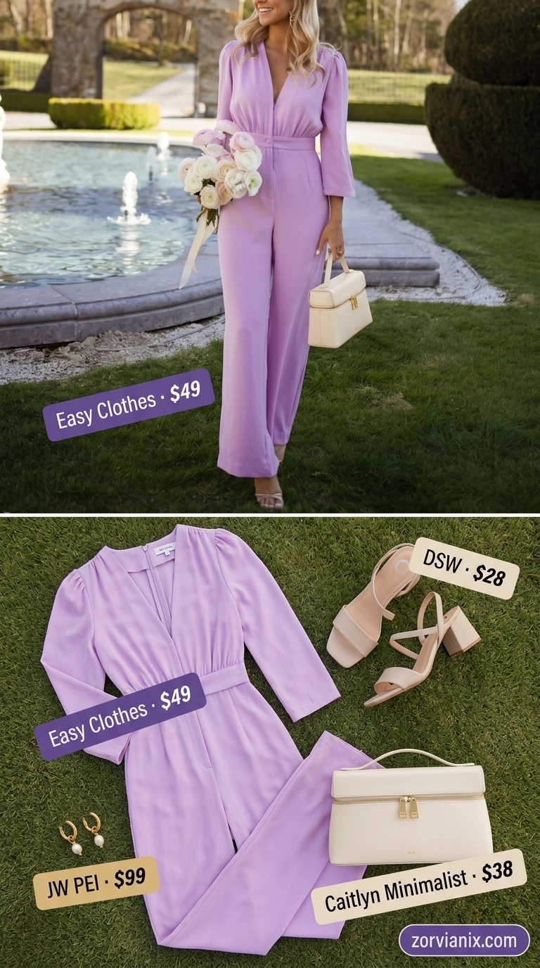Coquette summer outfits for women 2026: Lavender wide-leg jumpsuit, strappy heels, structured bag, and pearl drop earrings.