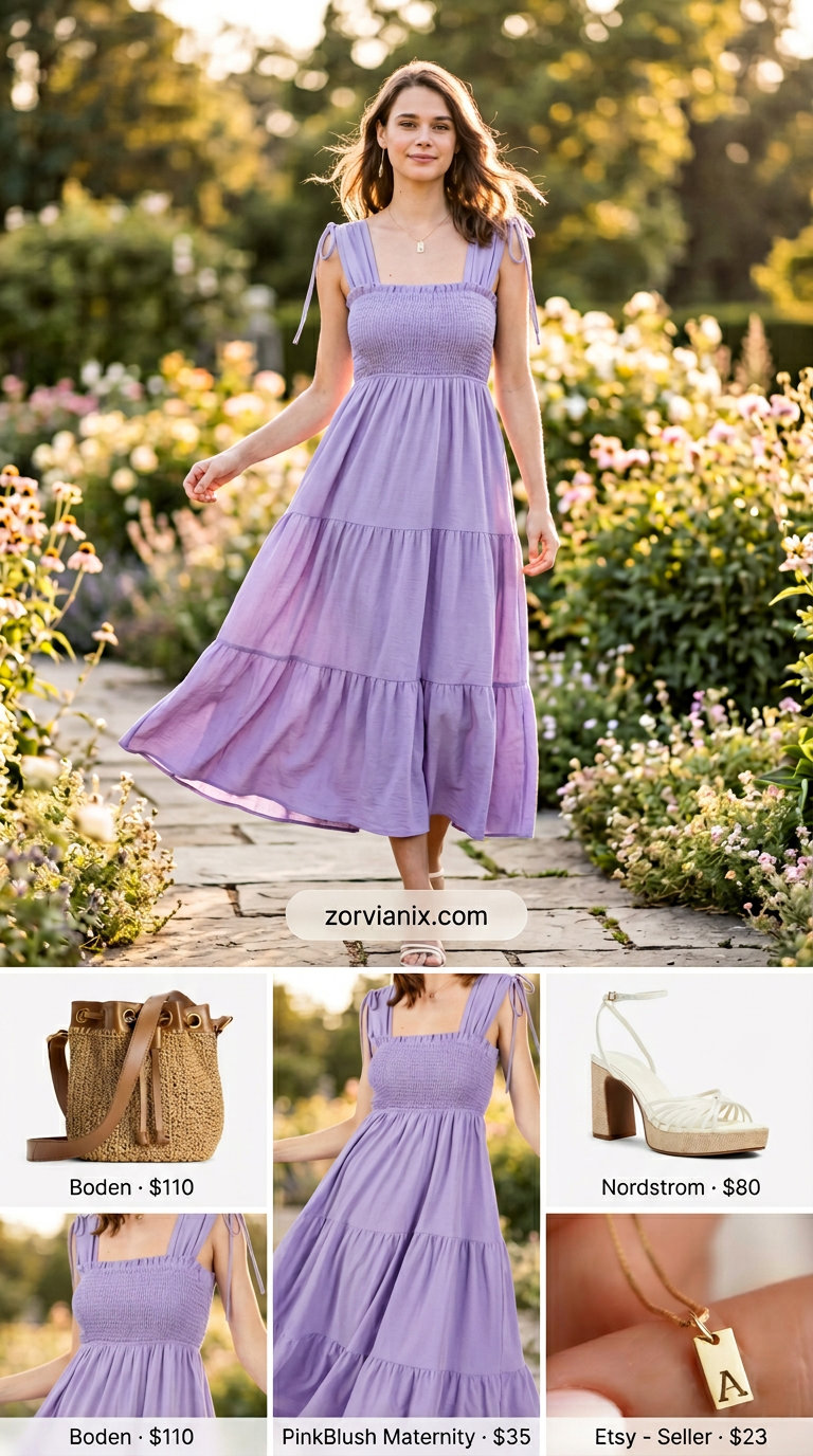 Sweet coquette summer outfits for women 2026: Lavender sundress, straw bucket bag, gold necklace.