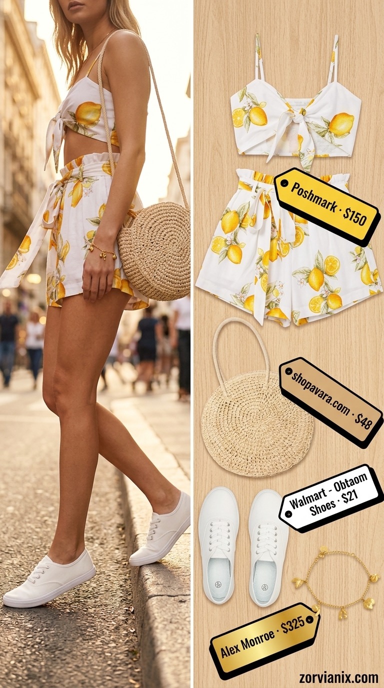 Coquette summer outfits for women 2026: Yellow lemon print shorts set, white sneakers, and straw bucket bag for a playful look.
