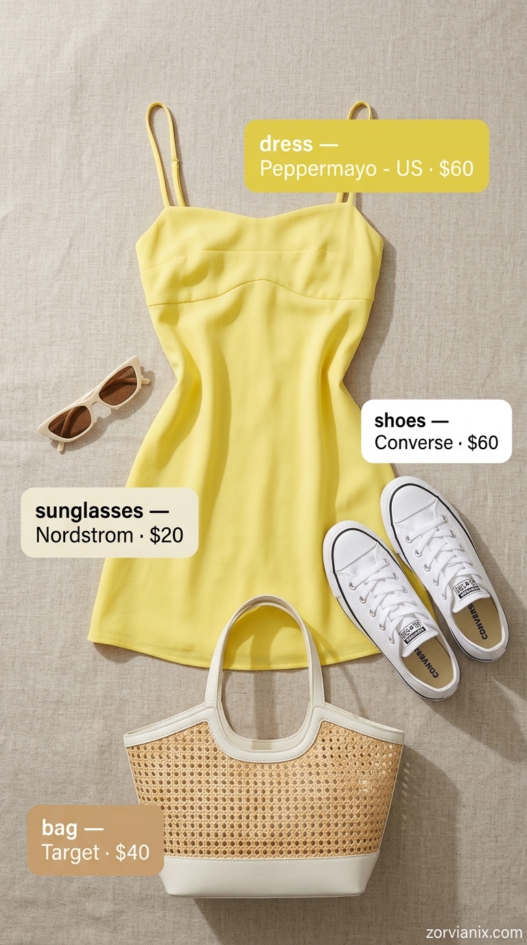 Coquette summer outfits for women 2026: Lemon yellow mini dress, white sneakers, and cat-eye sunglasses for a sunny day.