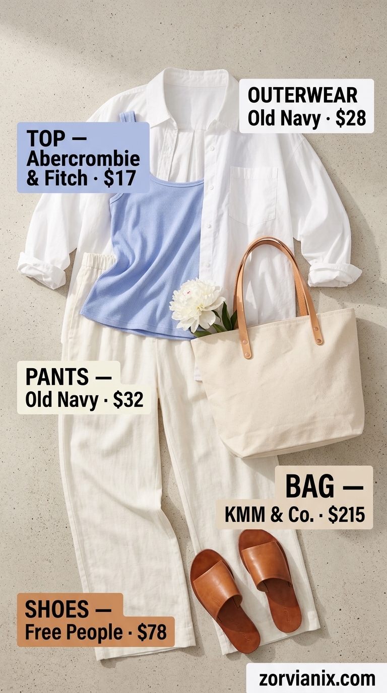 Coquette summer outfits for women 2026: Cream linen pants, blue tank, and oversized white shirt for coastal exploration.