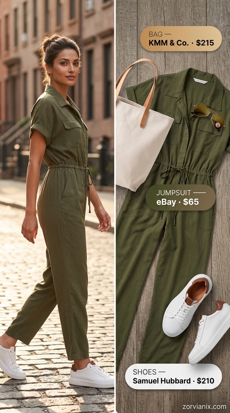 Coquette summer outfits for women 2026: Olive utility jumpsuit, white sneakers, and aviator sunglasses for casual days.