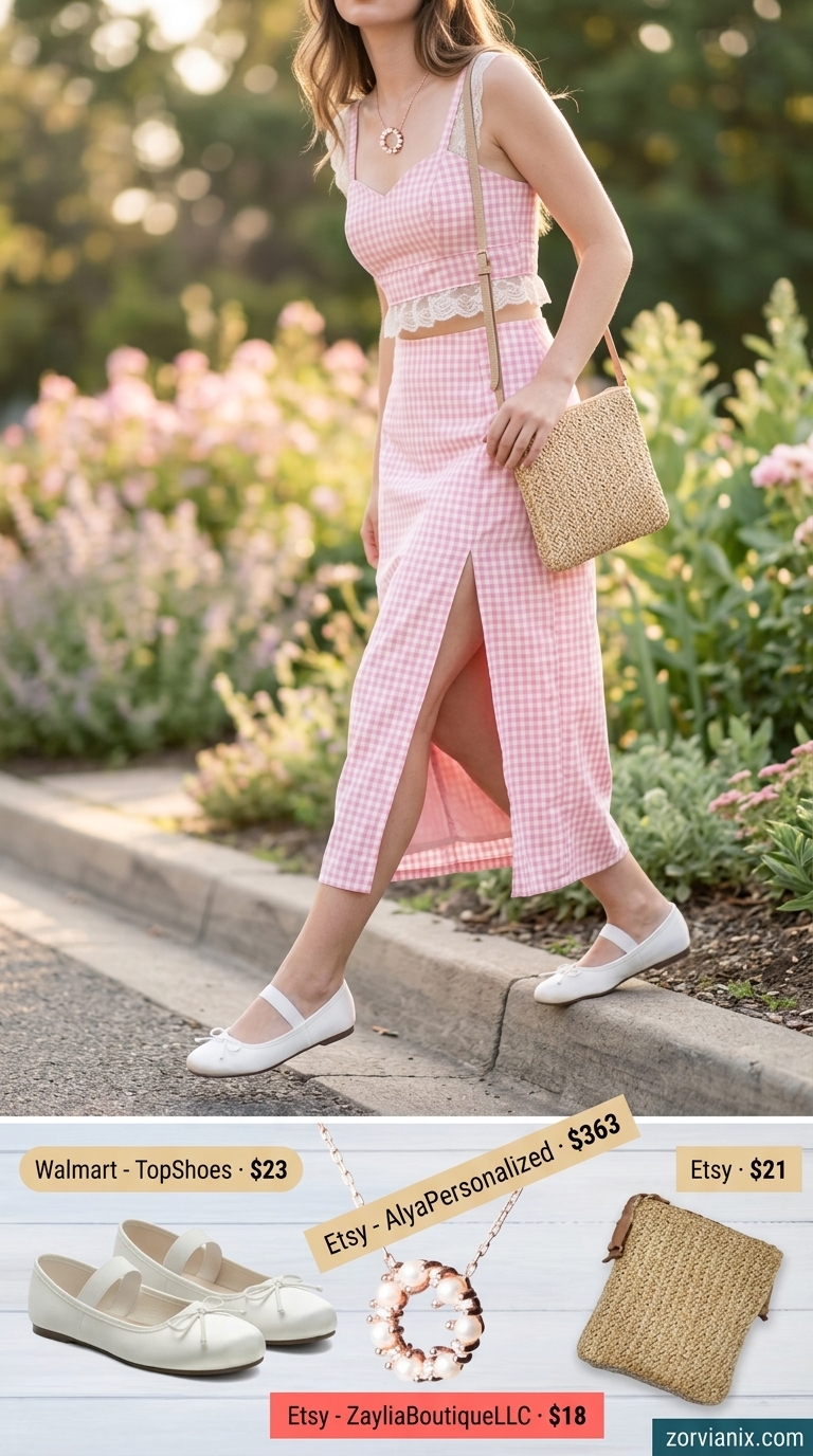 Coquette summer outfits for women 2026: Pink gingham set, ballet flats with bows, straw bag, and pearl necklace.