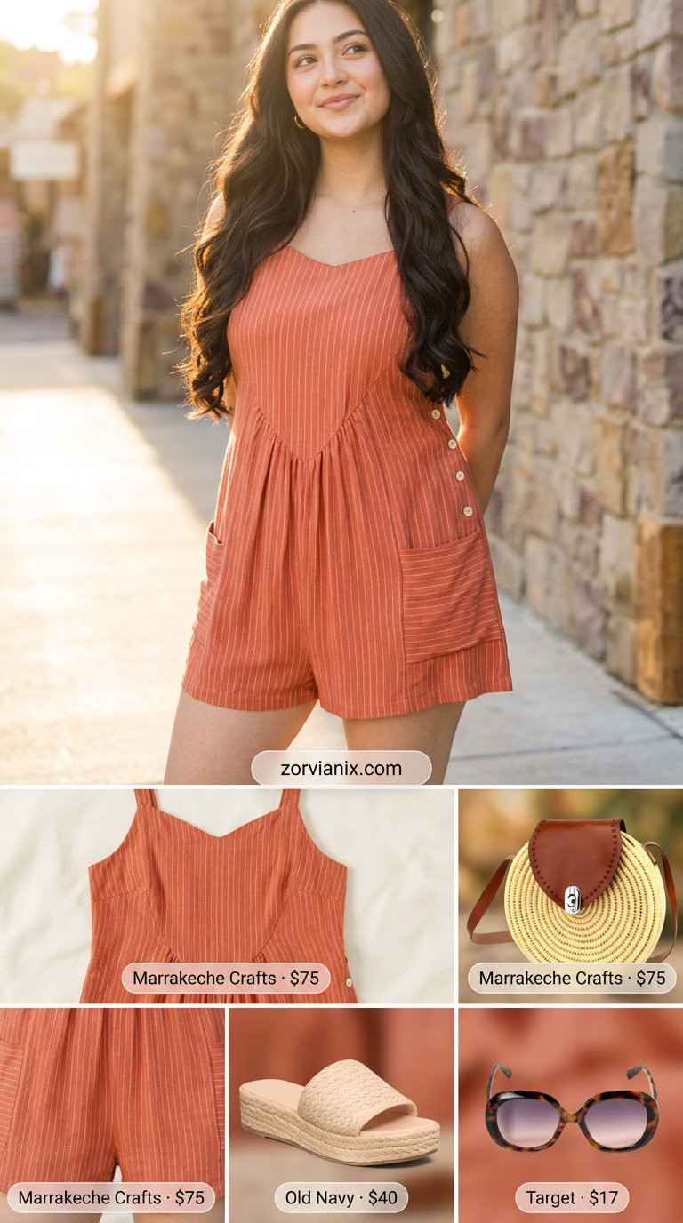 Coquette summer outfits for women 2026: Terracotta linen romper, cream espadrilles, straw bag, and sunglasses for a casual day out.