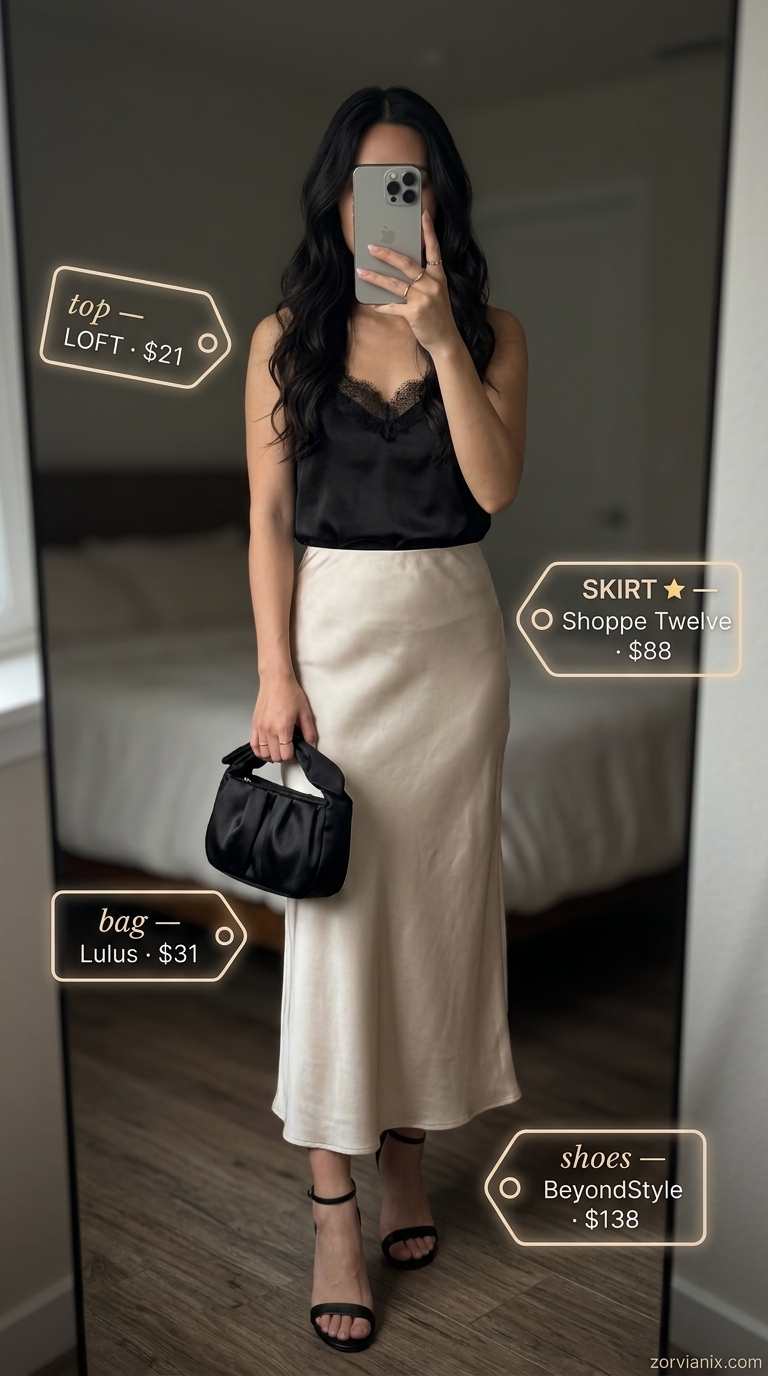 Coquette summer outfits for women 2026: Champagne satin skirt, black lace camisole, stiletto heels, and clutch for evening elegance.