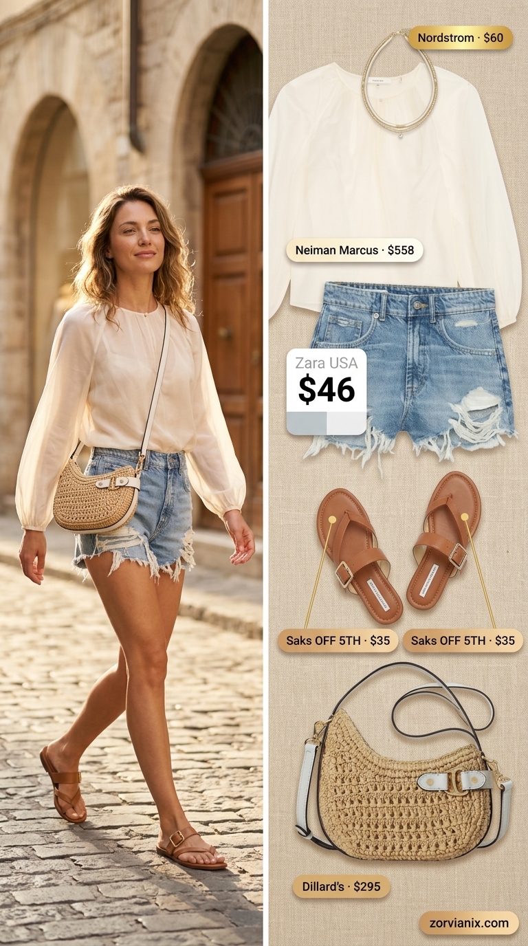 Coquette summer outfits for women 2026: Cream sheer peasant blouse, denim shorts, flat sandals, and layered gold necklaces.