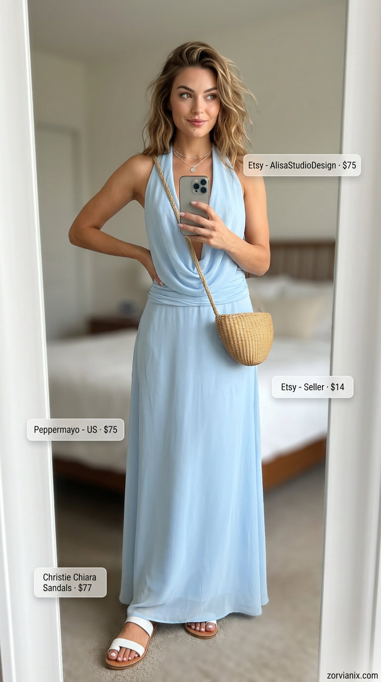 Ethereal coquette summer outfits for women 2026: Sky blue chiffon maxi dress with silver jewelry and straw bag.