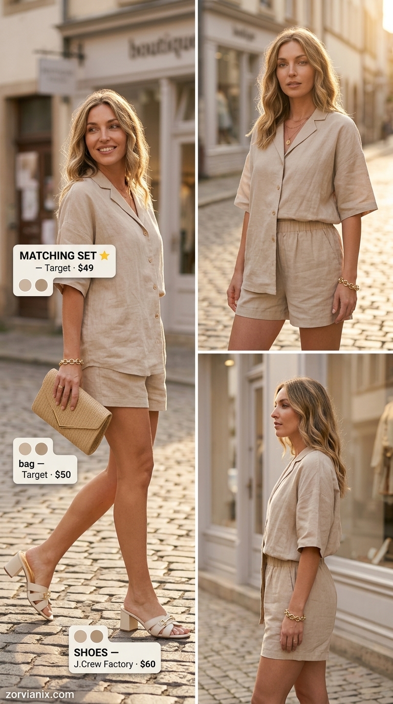 Sophisticated coquette summer outfits for women 2026: Taupe linen shorts set with gold jewelry.