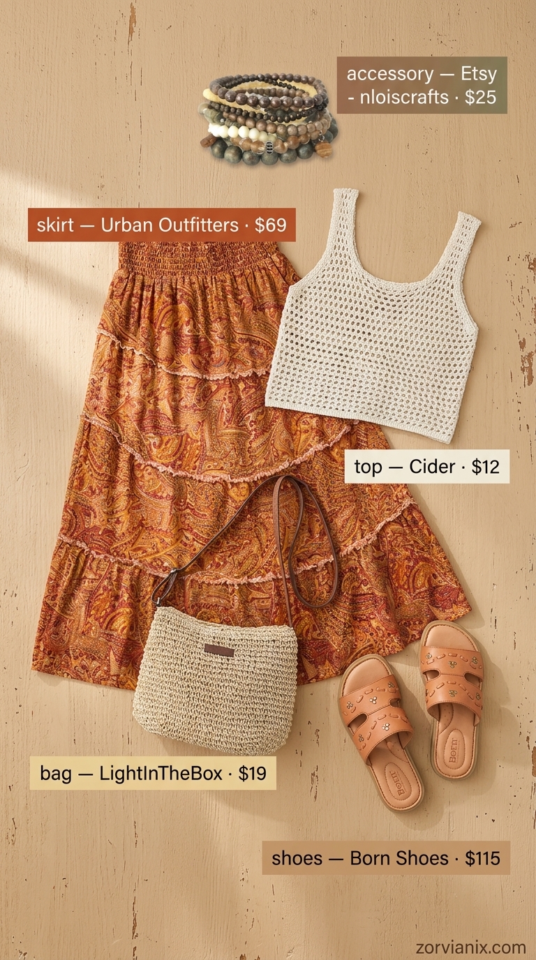 Bohemian Summer Date Night Outfits 2026 Bohemian summer date night dinner outfits women 2026: Burnt orange maxi skirt, cream crochet top, straw bag, and tan sandals.