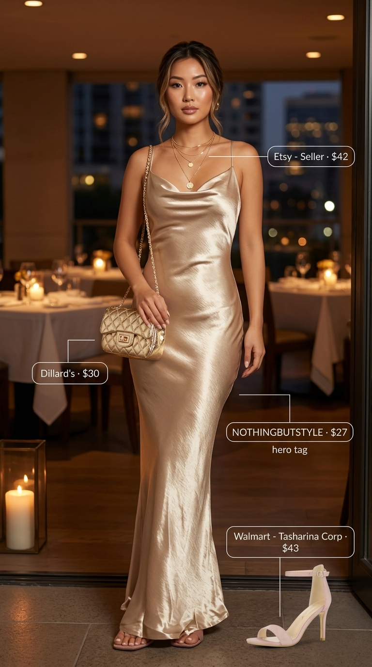 Elegant Golden Hour Date Night Outfits 2026 Elegant summer date night dinner outfits women 2026: Champagne satin slip dress, blush heels, gold necklaces, and mini shoulder bag.