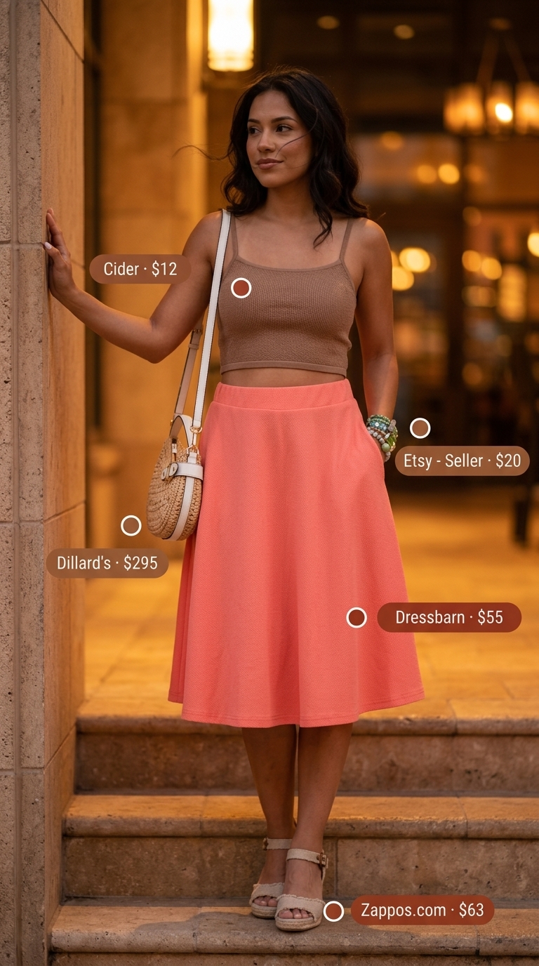 Playful Summer Date Night Outfits 2026 Playful summer date night dinner outfits women 2026: Coral midi skirt, white ribbed tank, straw bag, and wedge espadrilles.