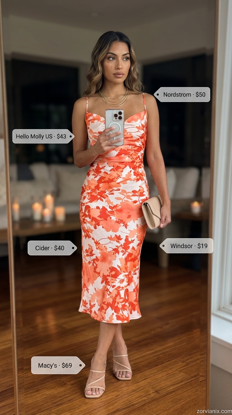 Romantic Slip Dress: Date Night Outfits Summer 2026 Coral satin slip dress for romantic date night dinner outfits summer for women 2026. Elegant look with nude heels and gold jewelry.