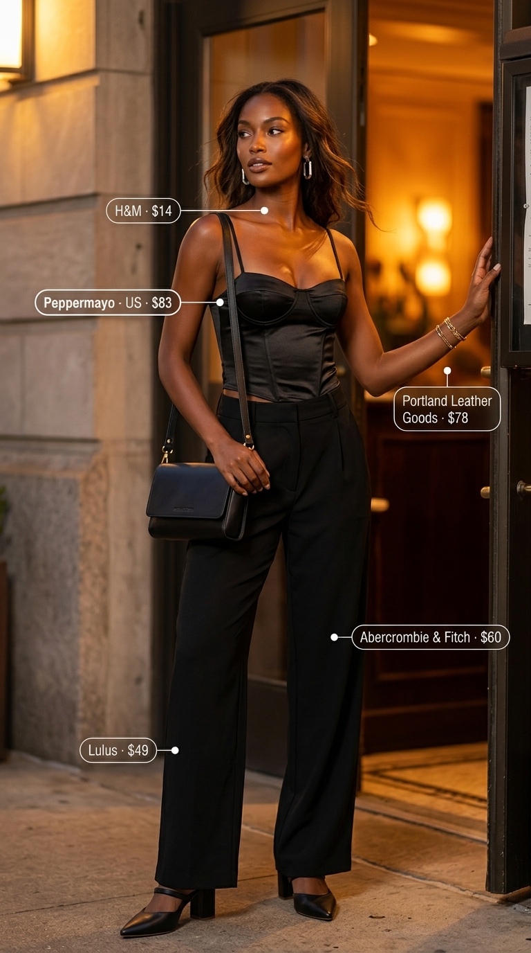 Chic City Summer Date Night Outfits 2026 Chic city summer date night dinner outfits women 2026: White wide-leg trousers, black corset top, silver earrings, and black mules.