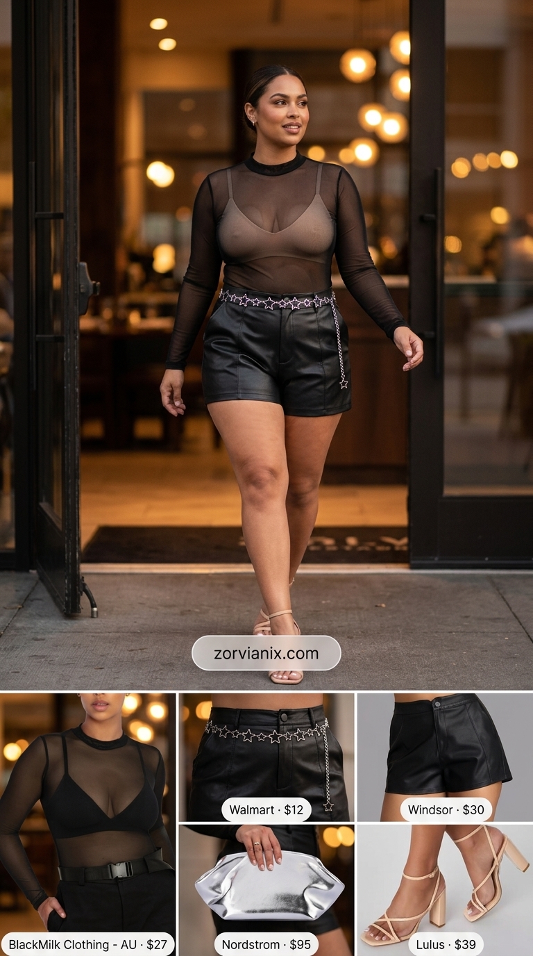 Edgy Summer Date Night Outfits 2026 Edgy summer date night dinner outfits women 2026: Black faux leather shorts, sheer black top, nude heels, and silver accessories.