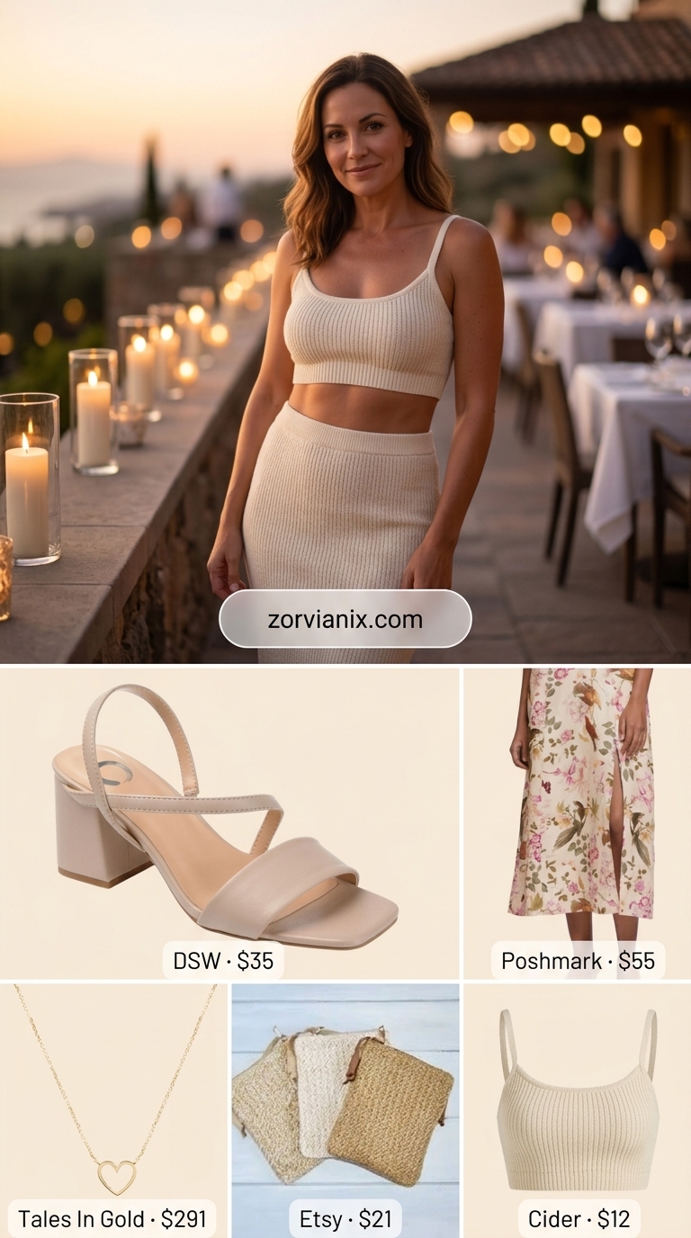 Floral Set: Date Night Outfits Summer 2026 Floral print matching set for romantic date night dinner outfits summer for women 2026. Feminine look with nude block heels.