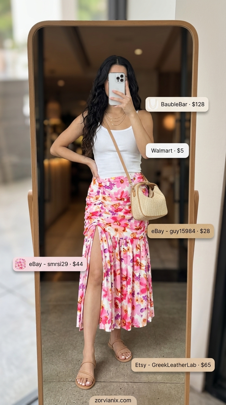 Romantic Summer Date Night Outfits 2026 Romantic summer date night dinner outfits women 2026: Pastel floral maxi skirt, white camisole, gold necklaces, and straw bag.