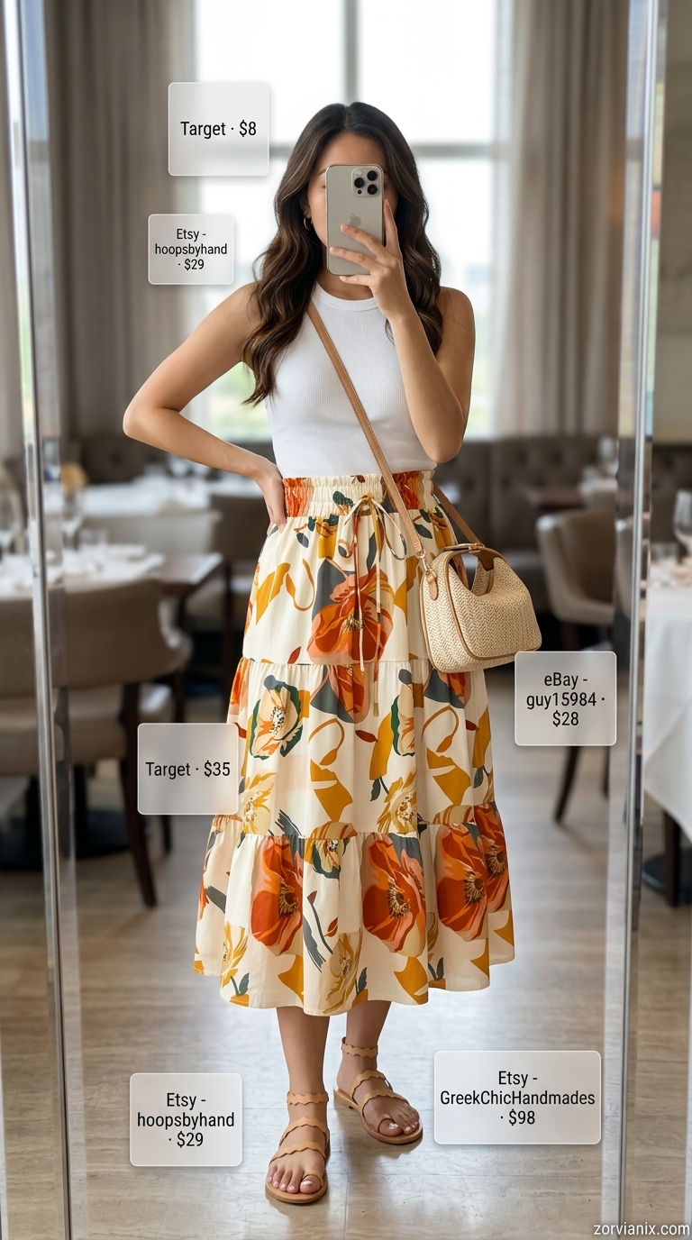 Floral Midi Skirt: Date Night Outfits Summer 2026 Pastel floral midi skirt for charming date night dinner outfits summer for women 2026. Relaxed look with white tank and tan sandals.