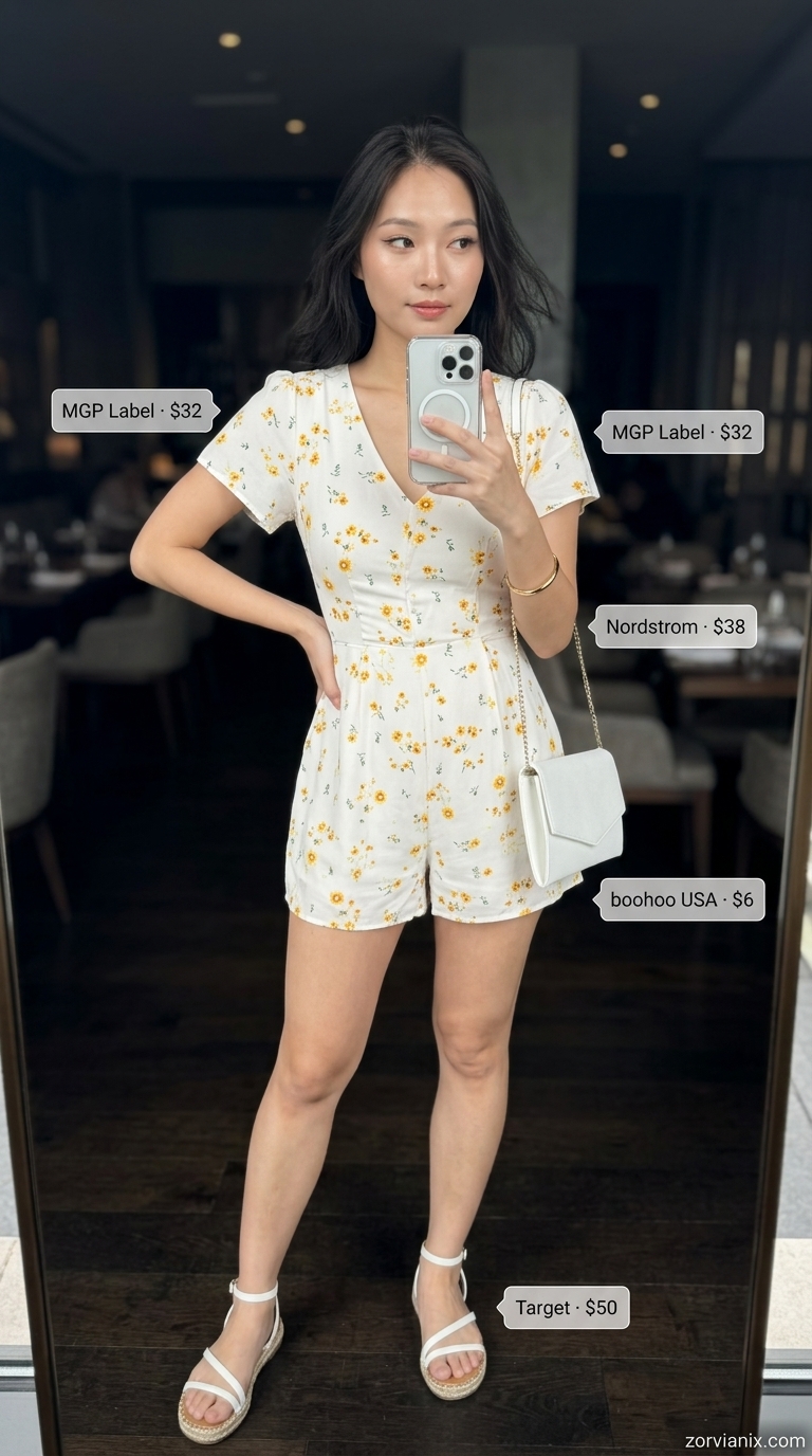 Summer Date Night Outfits 2026: Floral Romper Summer date night dinner outfits women 2026: Floral romper, white espadrilles, gold bangle, and clutch for an evening out.