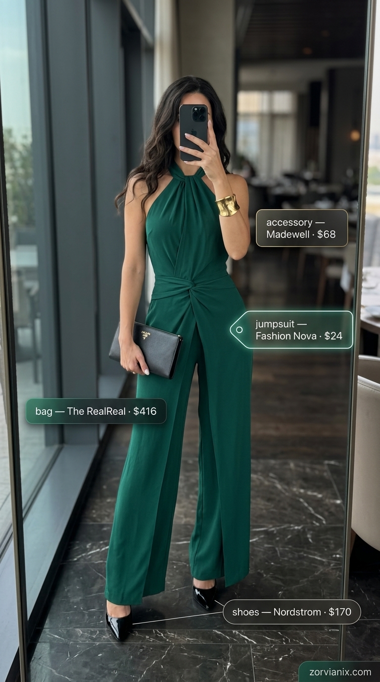 Elegant Summer Date Night Outfits 2026 Elegant summer date night dinner outfits women 2026: Emerald green wide-leg jumpsuit, black clutch, gold cuff, and black heels.