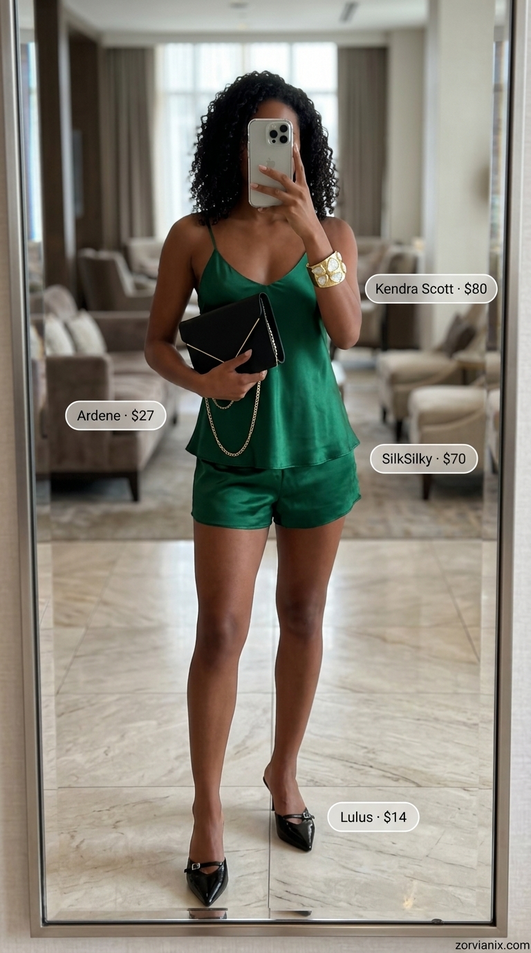 Glamorous Summer Date Night Outfits 2026 Glamorous summer date night dinner outfits women 2026: Emerald green shorts set, black mules, gold cuff, and black clutch.