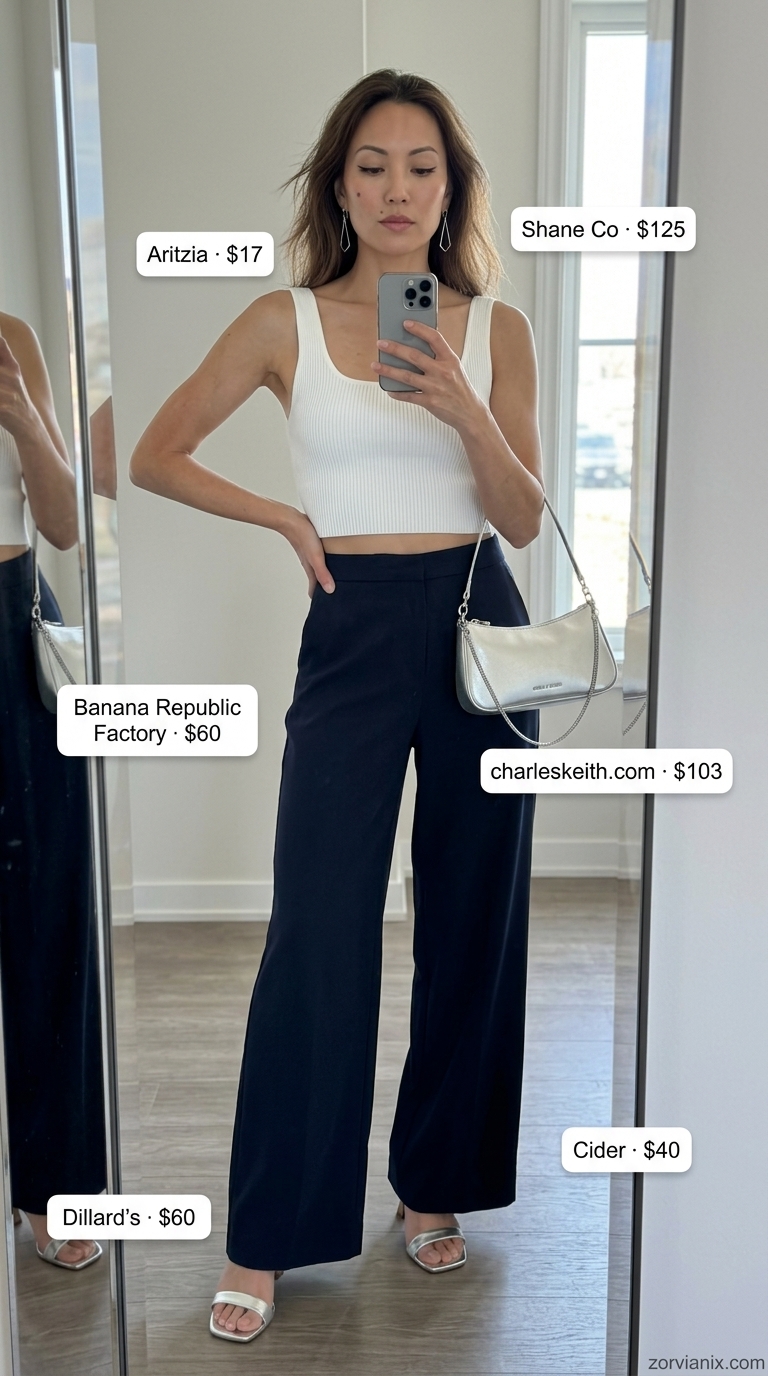 Chic Wide-Leg Pants: Date Night Outfits Summer 2026 Navy wide-leg pants for sophisticated date night dinner outfits summer for women 2026. Chic look with white crop top and silver heels.