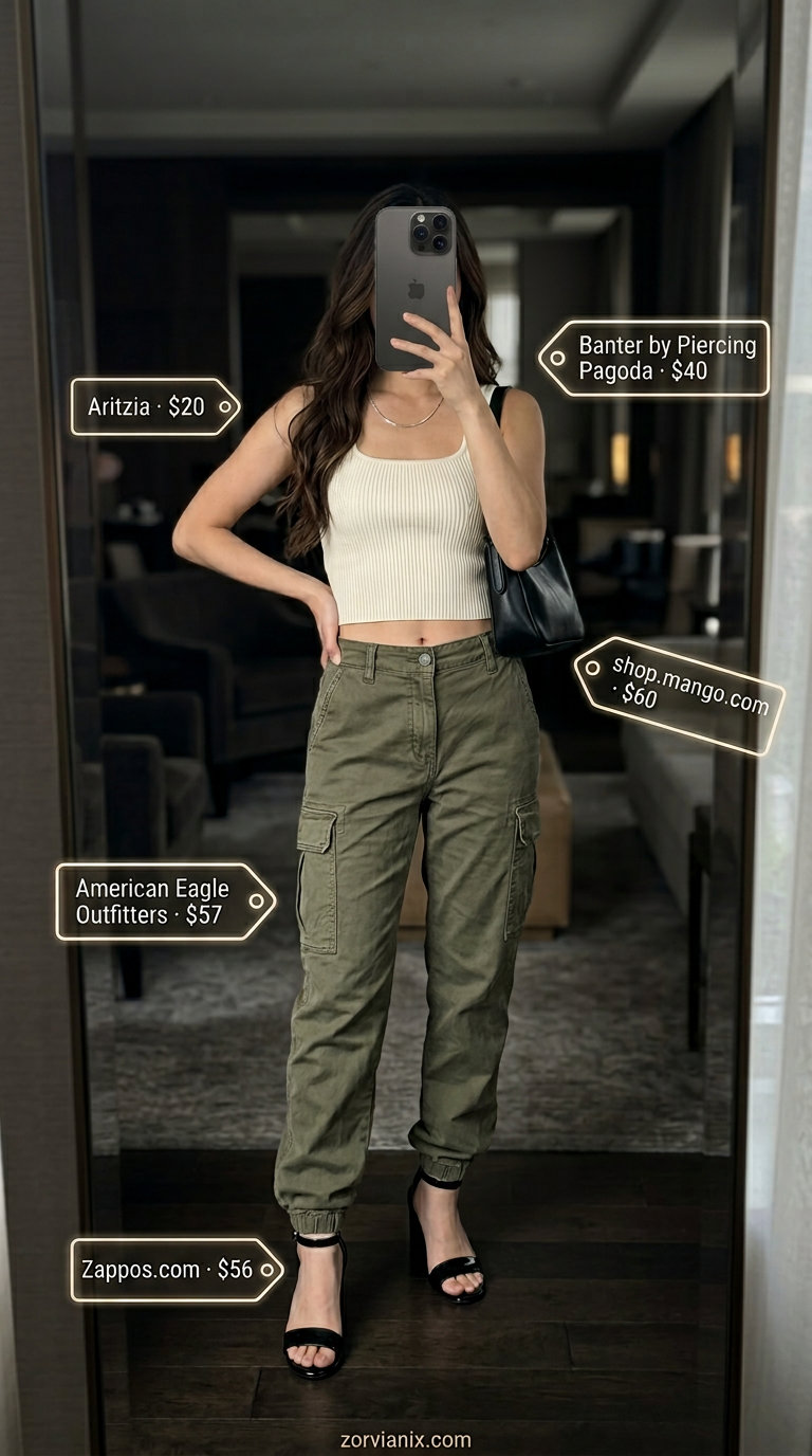 Edgy Cargo Pants: Date Night Outfits Summer 2026 Olive green cargo pants outfit for edgy date night dinner outfits summer for women 2026. Modern look with black heels and cream tank.