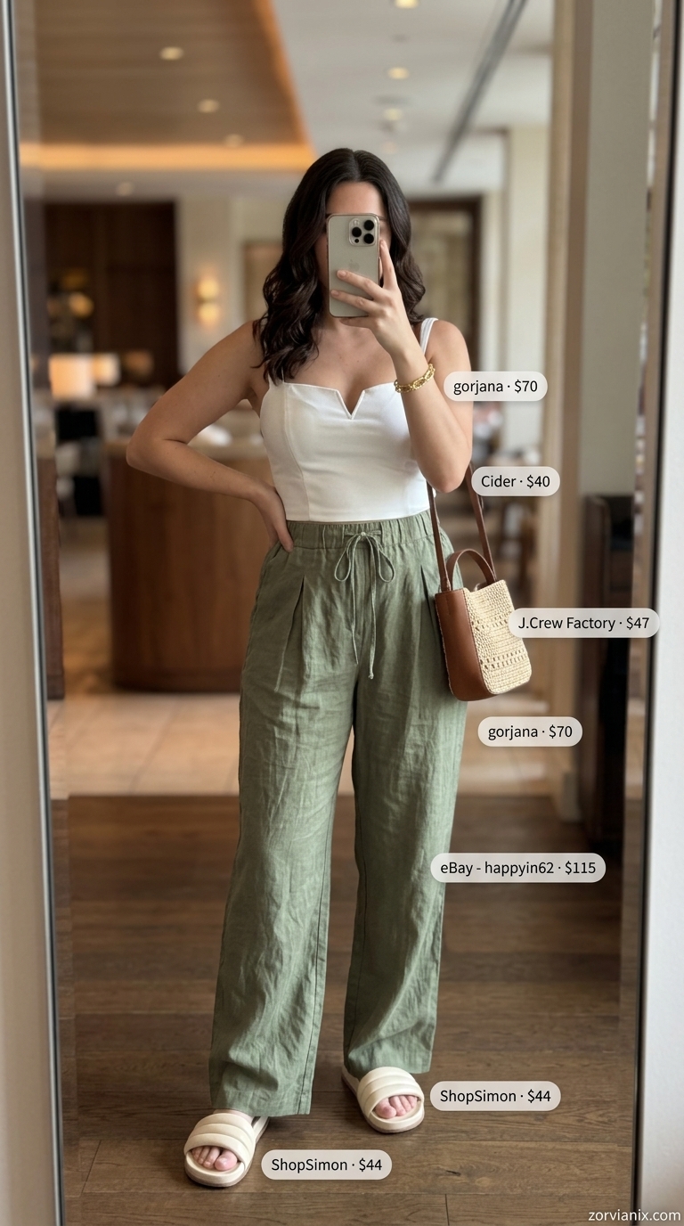 Chic Linen Jumpsuit: Date Night Outfits Summer 2026 Olive green linen jumpsuit for date night dinner outfits summer for women 2026. Chic and relaxed look with tan crossbody bag and cream sandals.
