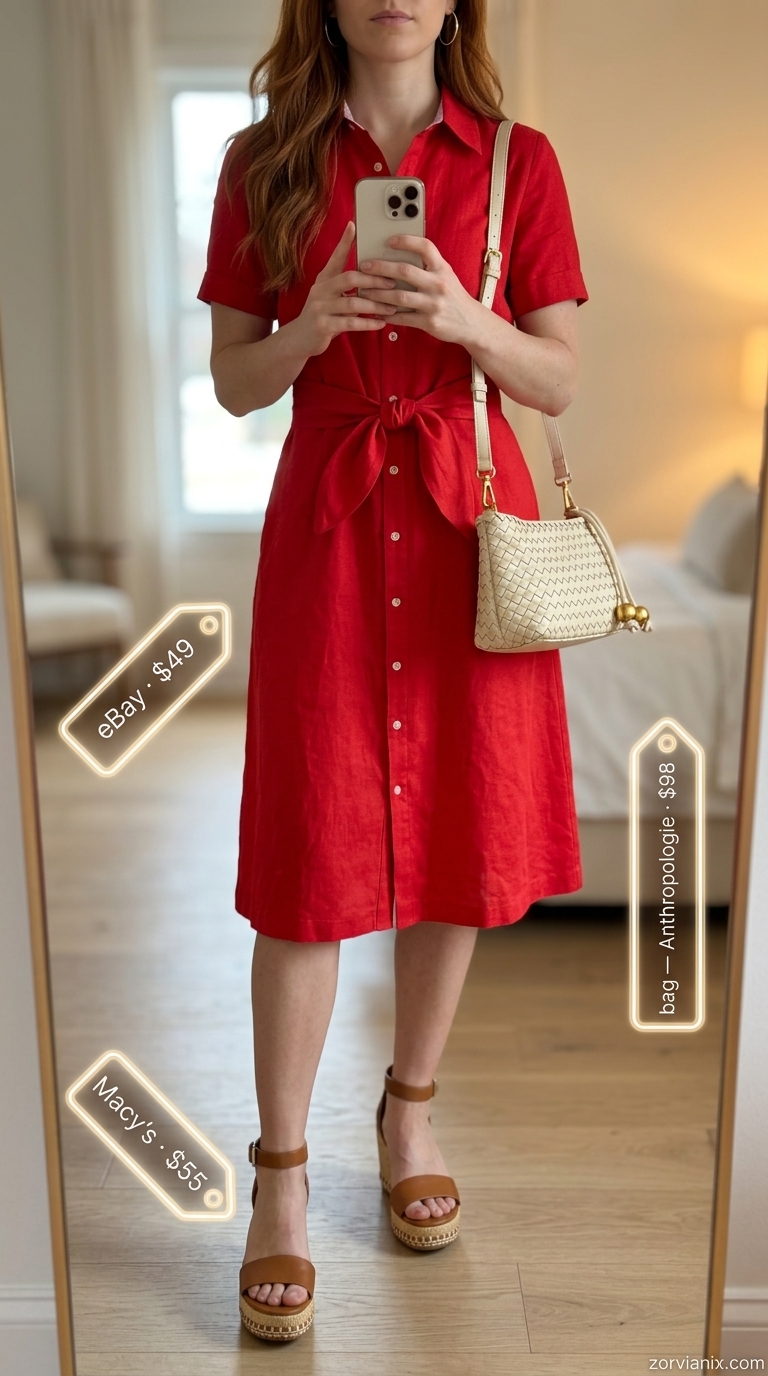 Bold Shirt Dress: Date Night Outfits Summer 2026 Red linen shirt dress for bold date night dinner outfits summer for women 2026. Effortless chic with tan espadrilles and gold earrings.