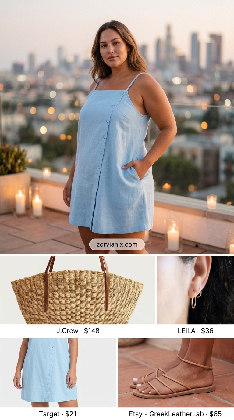 Linen Mini Dress: Date Night Outfits Summer 2026 Sky blue linen mini dress for relaxed date night dinner outfits summer for women 2026. Coastal look with tan sandals and straw tote.