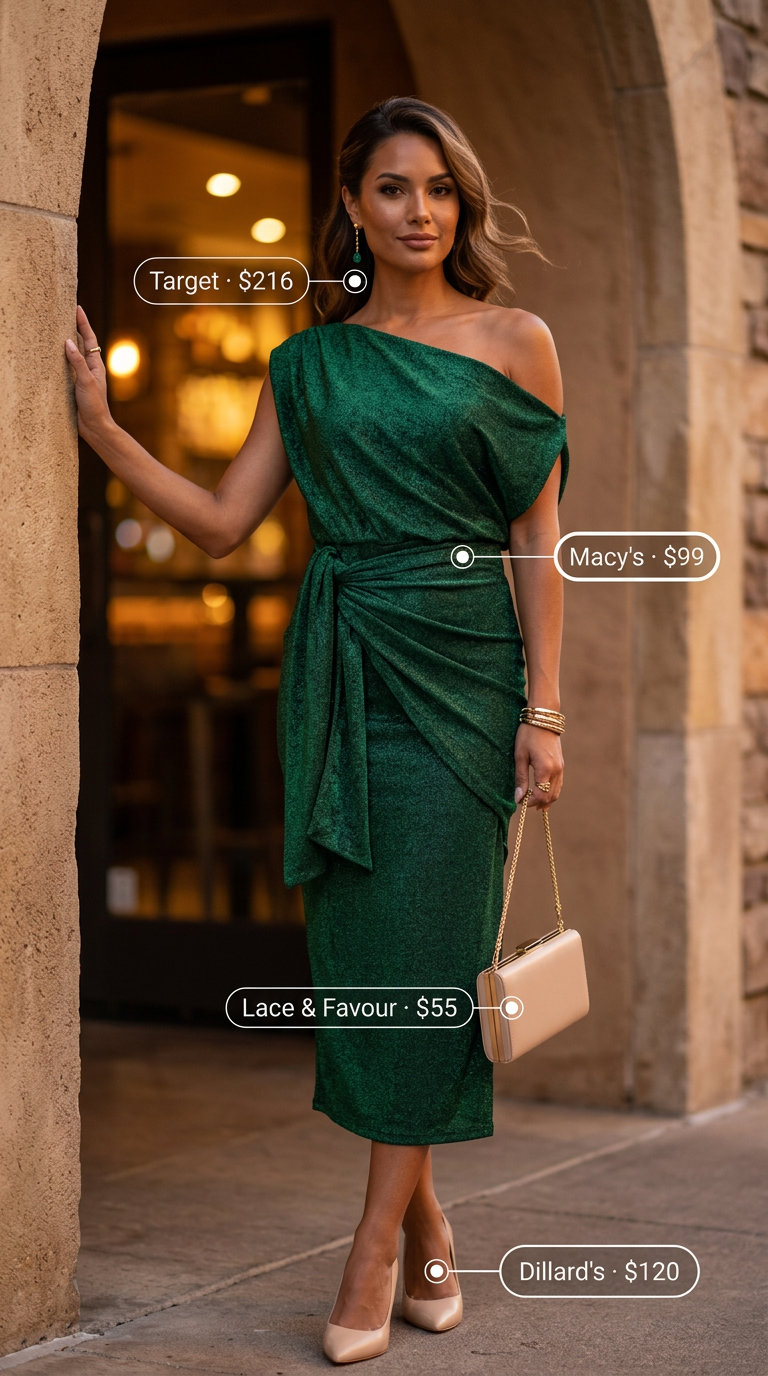 Bardot Dress Date Night Outfits Summer 2026 Elegant summer date night dinner outfit: Emerald green Bardot midi dress, nude pumps, gold earrings. Sophisticated look for women 2026.