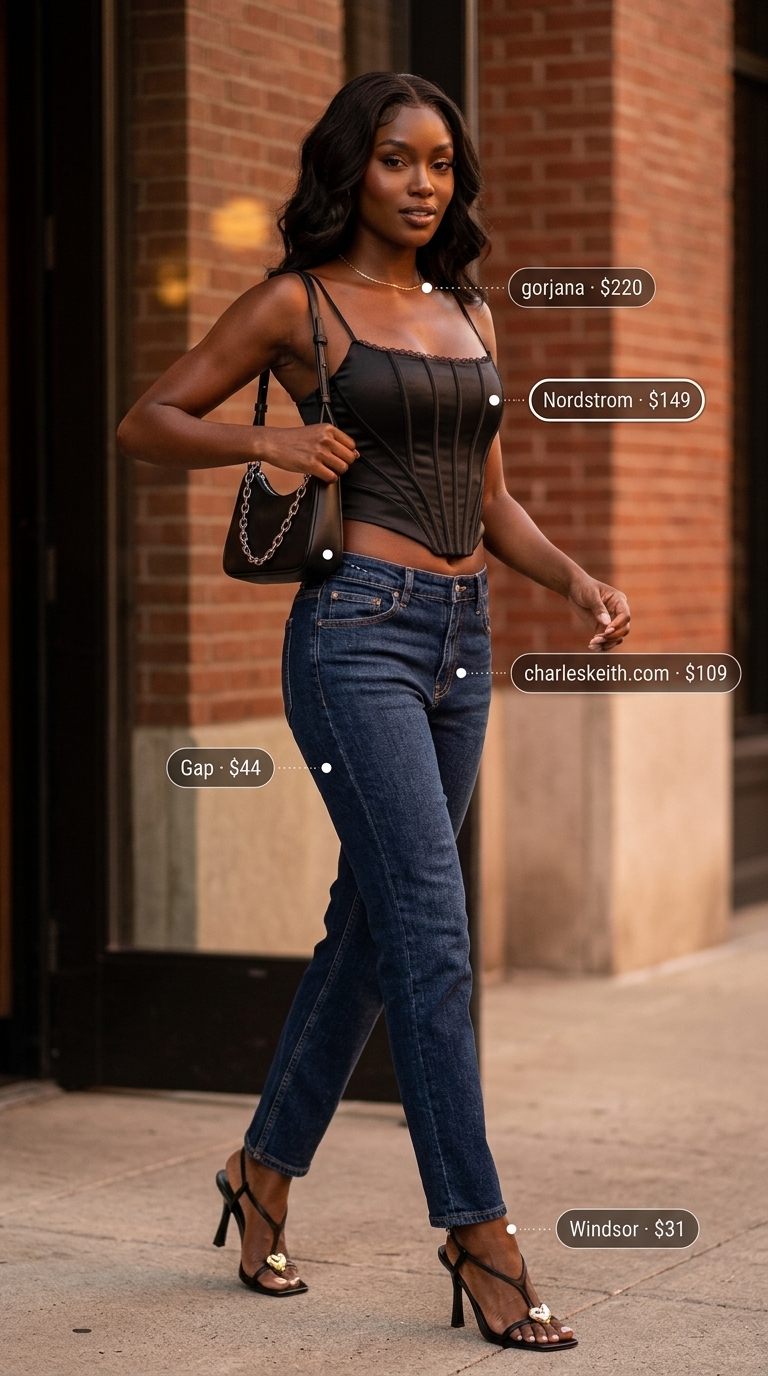 Corset Top Jeans Date Night Outfits Summer 2026 Chic summer date night dinner outfit: Corset top, dark wash jeans, heeled sandals, gold necklace. Trendy style for women 2026.