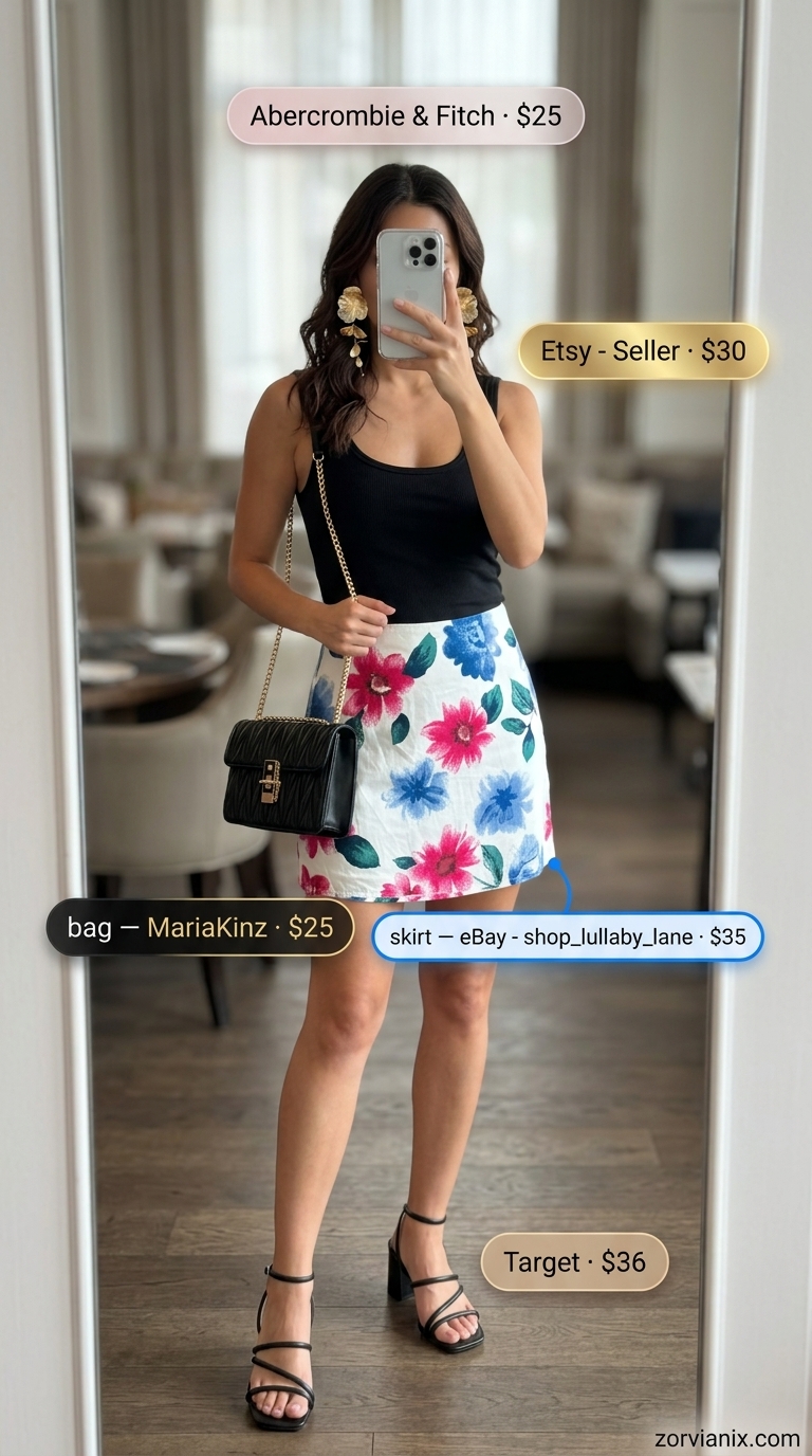 Floral Skirt Date Night Outfits Summer 2026 Summer date night dinner outfit: Floral mini skirt, black ribbed tank, strappy heels, gold earrings. Perfect for women 2026.