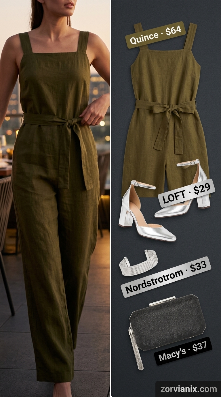 Jumpsuit Date Night Outfits Summer 2026 Modern summer date night dinner outfit: Olive green wide-leg jumpsuit, silver sandals, geometric clutch. Chic style for women 2026.