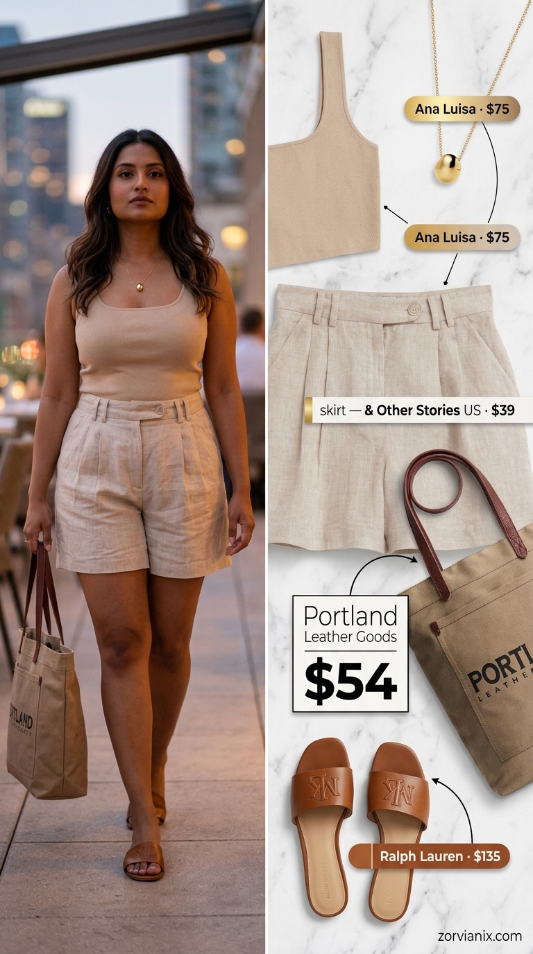 Linen Set Date Night Outfits Summer 2026 Casual summer date night dinner outfit: Beige linen shorts set, tan slides, gold necklace. Effortless style for women 2026.