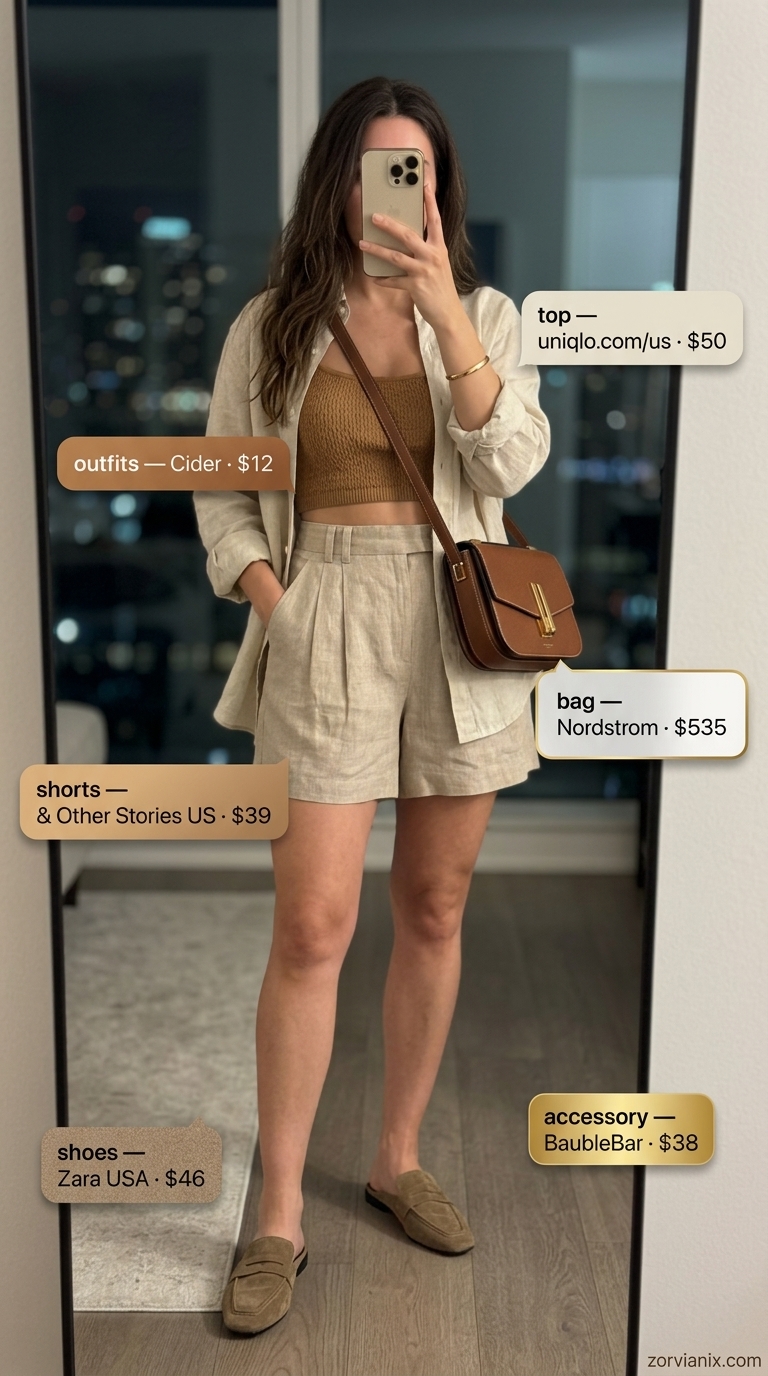Linen Shorts Set Date Night Outfits Summer 2026 Sophisticated summer date night dinner outfit: Beige linen shorts, cream linen shirt, leather loafers, gold bangle. Chic style for women 2026.