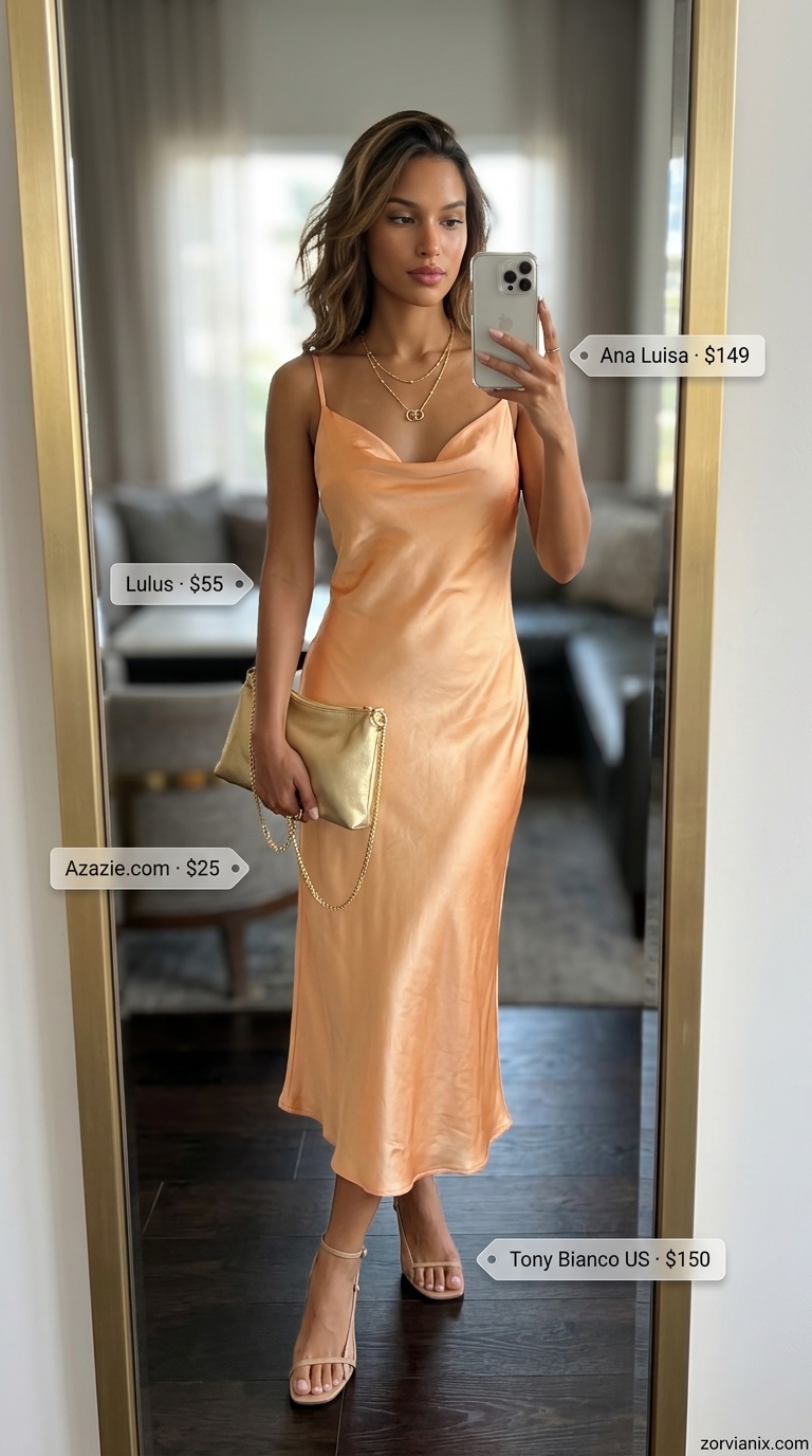 Romantic summer date night dinner outfit: Coral slip dress, gold necklaces, nude sandals. Luxe evening look for women 2026.