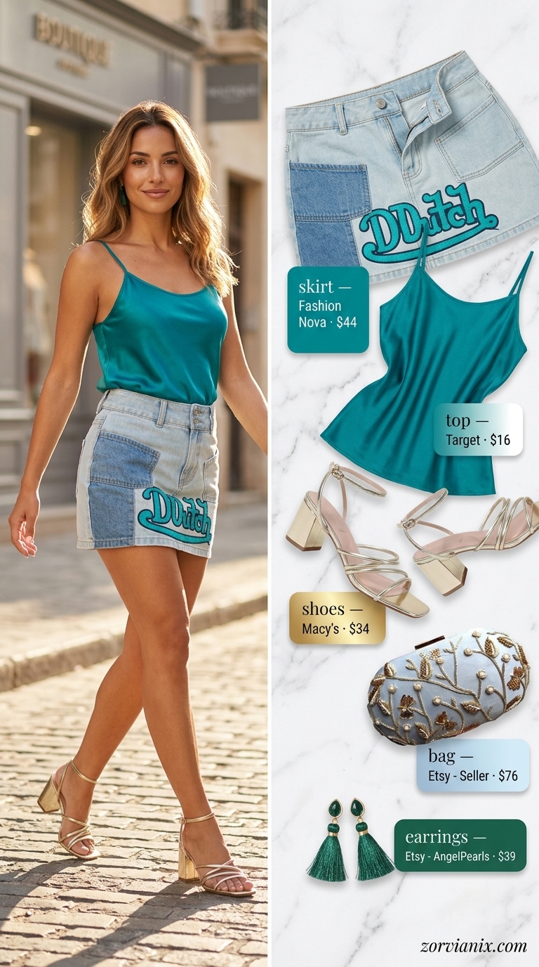 Denim mini skirt outfits summer 2026: Patchwork denim skirt, teal cami, gold sandals for art gallery opening.