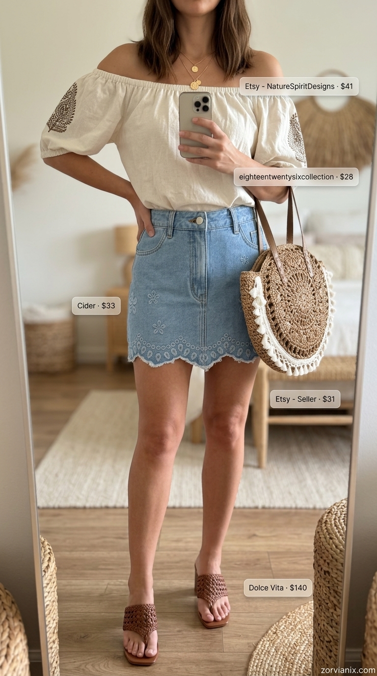 Boho beach day outfit with a light blue denim mini skirt, cream off-the-shoulder top, and terracotta sandals. Denim mini skirt outfits summer 2026.