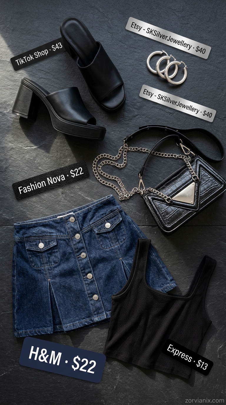 Edgy city night out with a dark wash denim mini skirt, black ribbed crop top, and chunky platform sandals. Denim mini skirt outfits summer 2026.