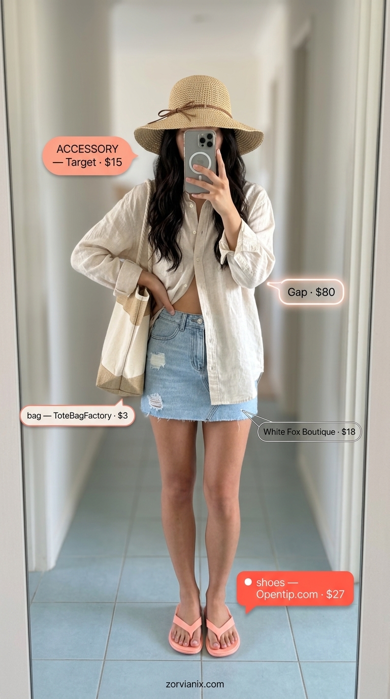 Relaxed coastal cool outfit with a light blue denim mini skirt, oversized linen shirt, and straw hat. Denim mini skirt outfits summer 2026.