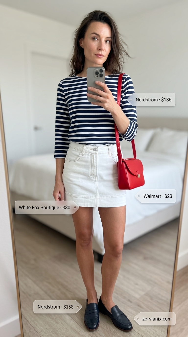 Coastal charm outfit with a white denim mini skirt, navy and white striped tee, and navy loafers. Denim mini skirt outfits summer 2026.