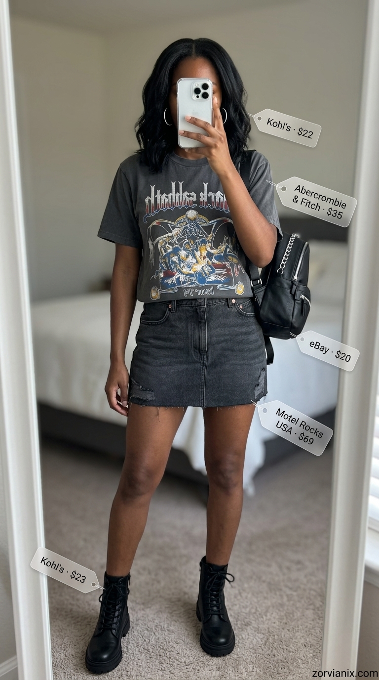 Denim mini skirt outfits summer 2026: Edgy concert look with washed black skirt, band tee, and combat boots.