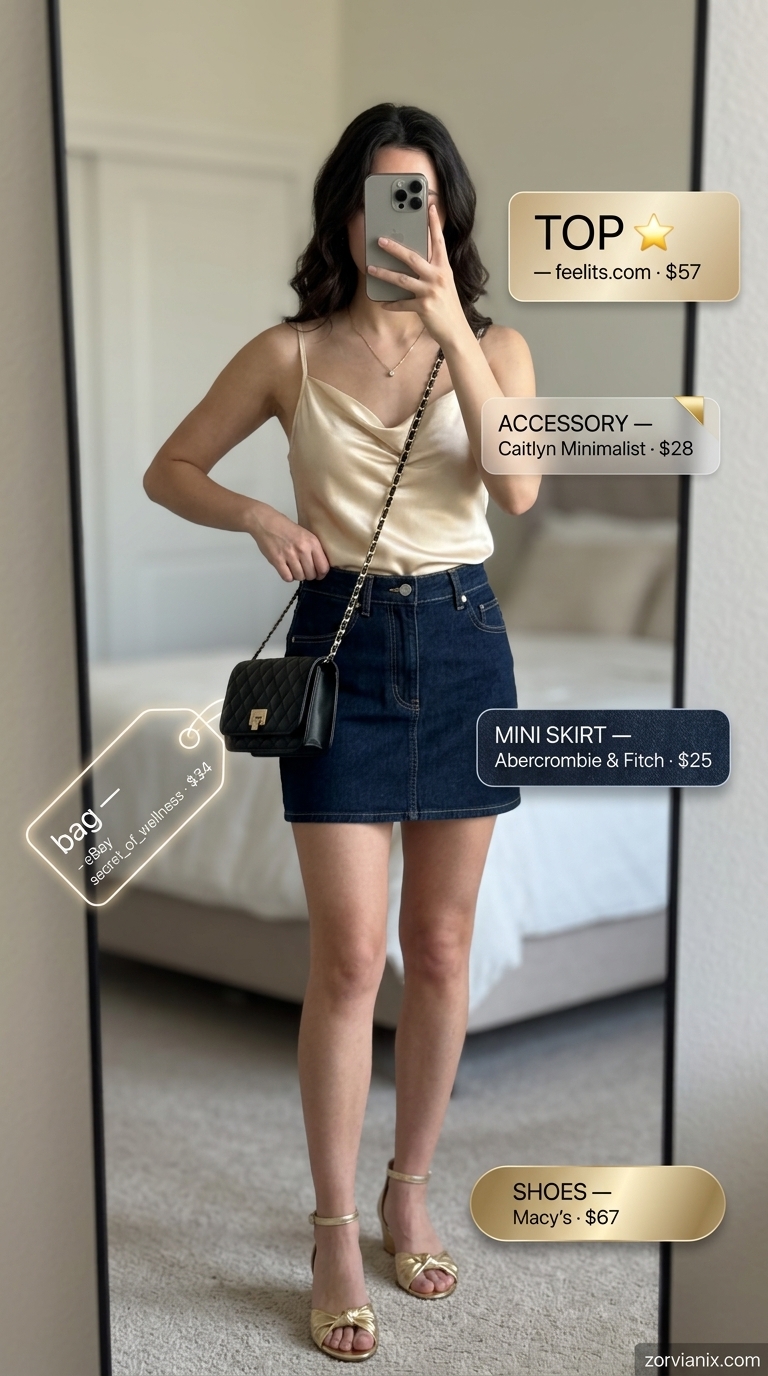 Denim mini skirt outfits summer 2026: Sophisticated evening look with dark wash skirt, silk camisole, and heeled sandals.